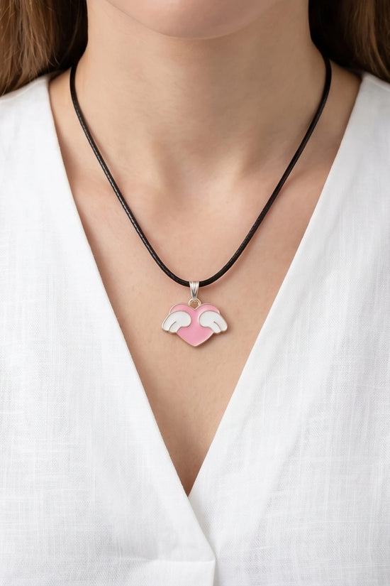 Pink Enamel Angel Winged Heart Pendant Necklace