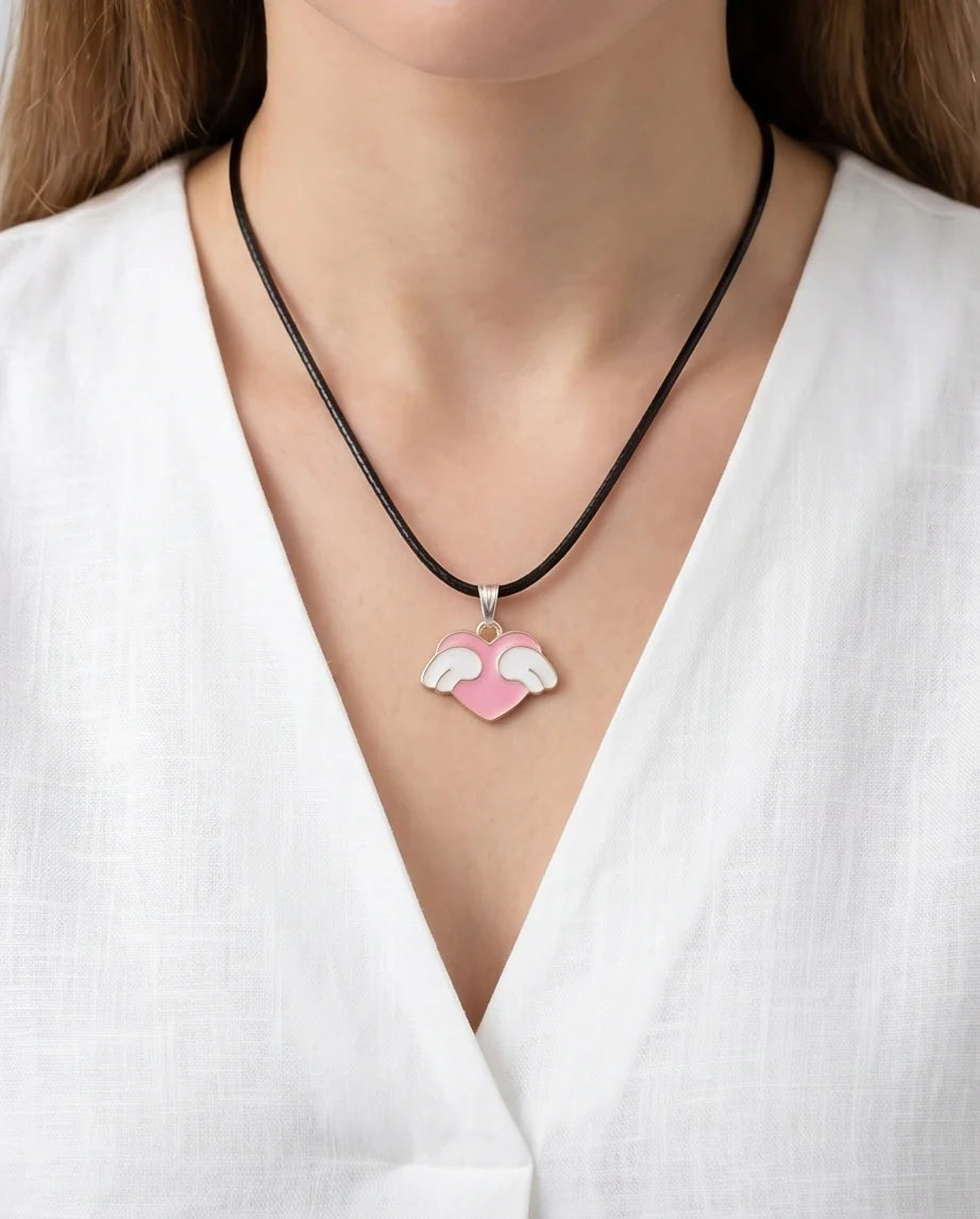 Pink Enamel Angel Winged Heart Pendant Necklace