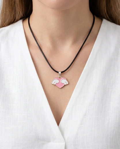 Pink Enamel Angel Winged Heart Pendant Necklace