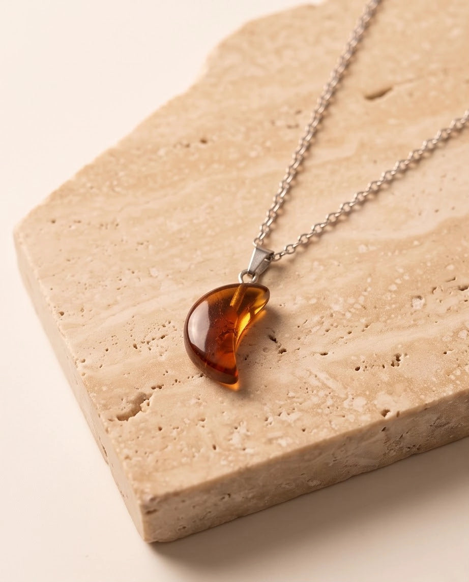 Silver Amber Resin Crescent Moon Pendant Necklace