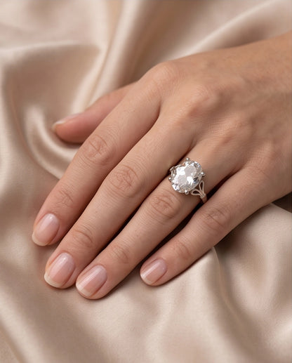 Silver Oval Clear Quartz Vintage Solitaire Ring