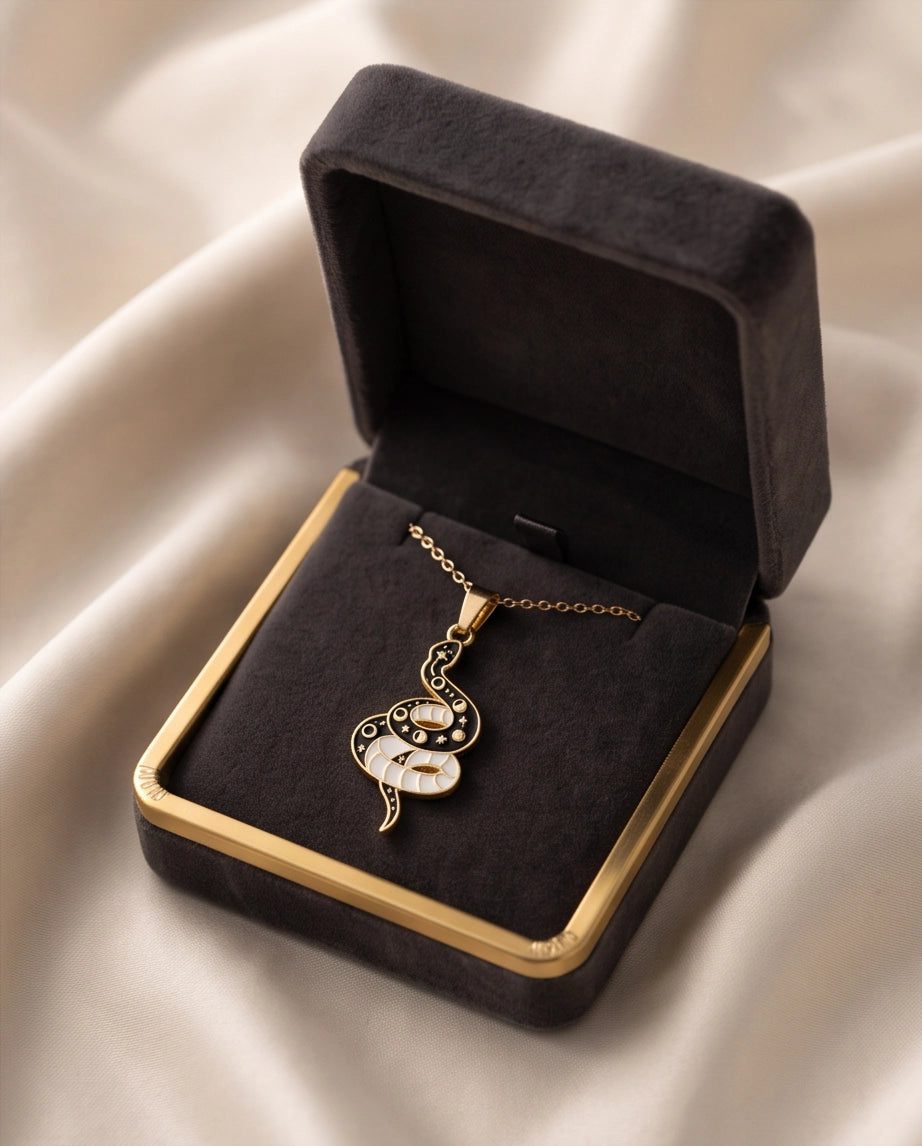 Gold Moon Phase Snake Enamel Pendant Necklace