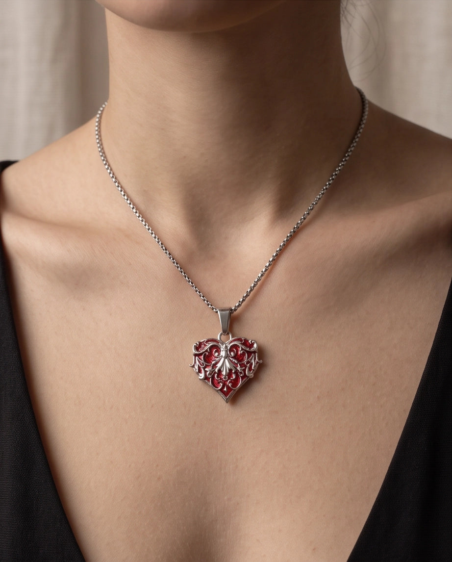 Silver Red Enamel Filigree Heart Pendant Necklace