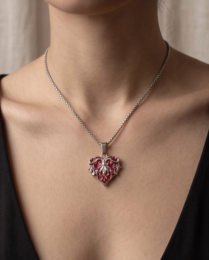 Silver Red Enamel Filigree Heart Pendant Necklace
