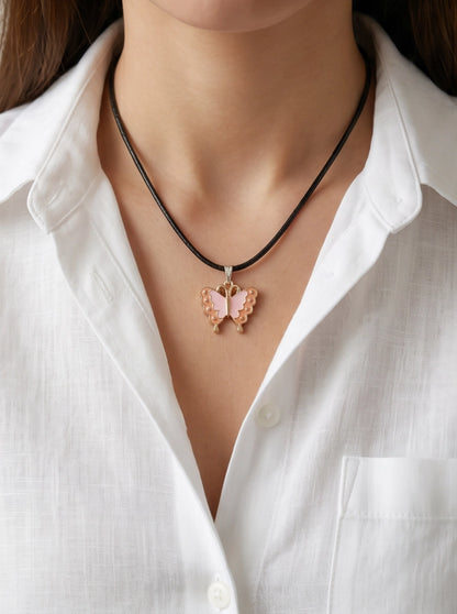 Pink & Peach Enamel Butterfly Pendant Necklace
