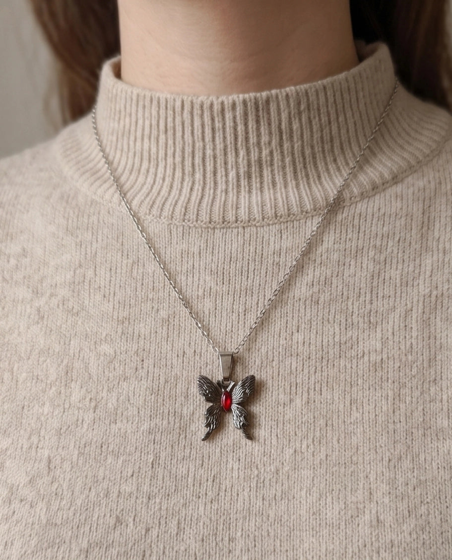Black Textured Butterfly Red Gem Pendant Necklace