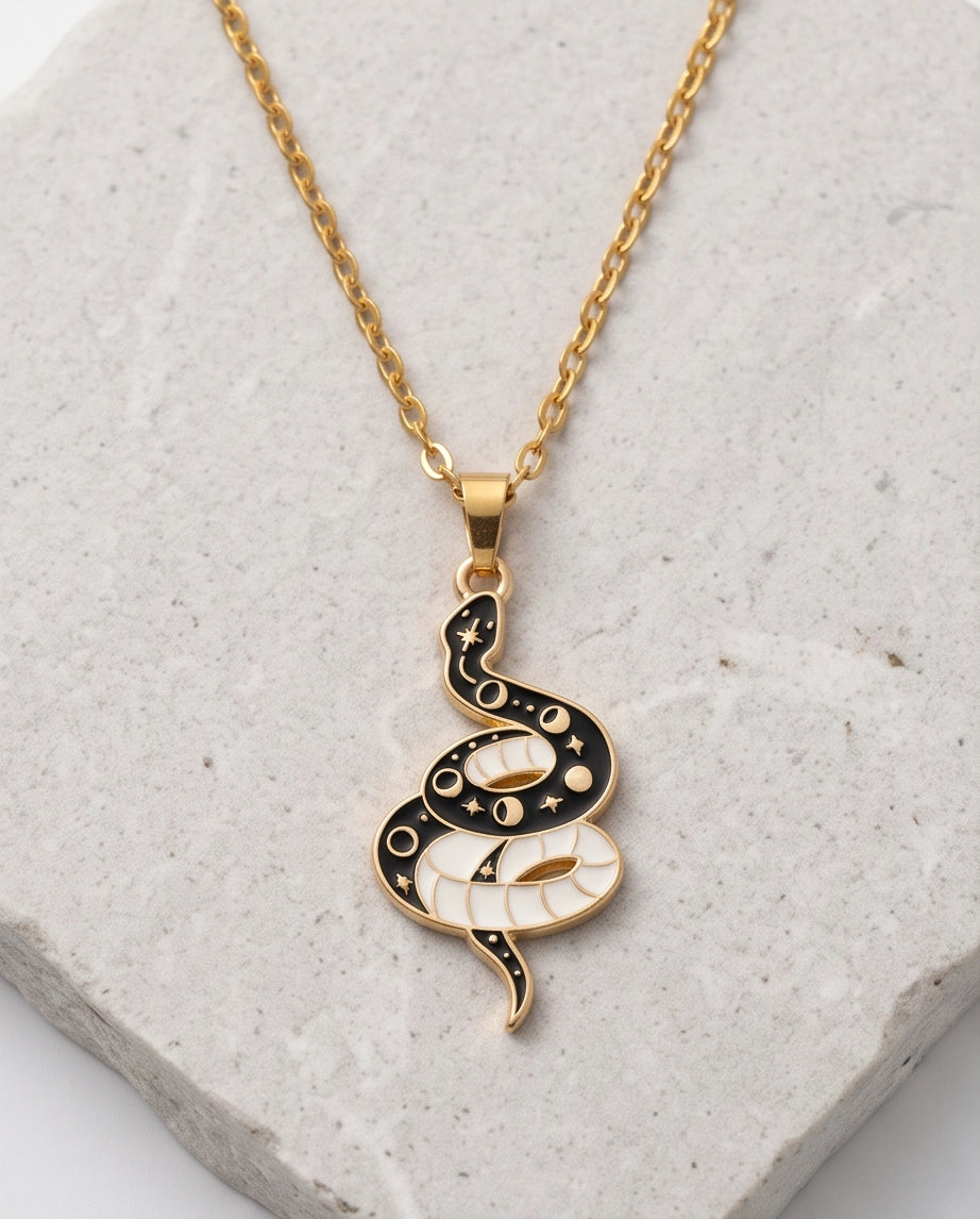 Gold Moon Phase Snake Enamel Pendant Necklace