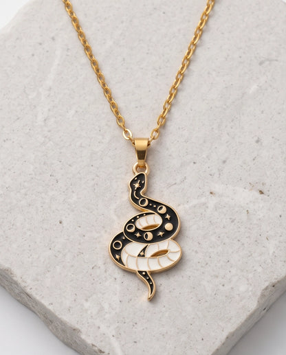 Gold Moon Phase Snake Enamel Pendant Necklace