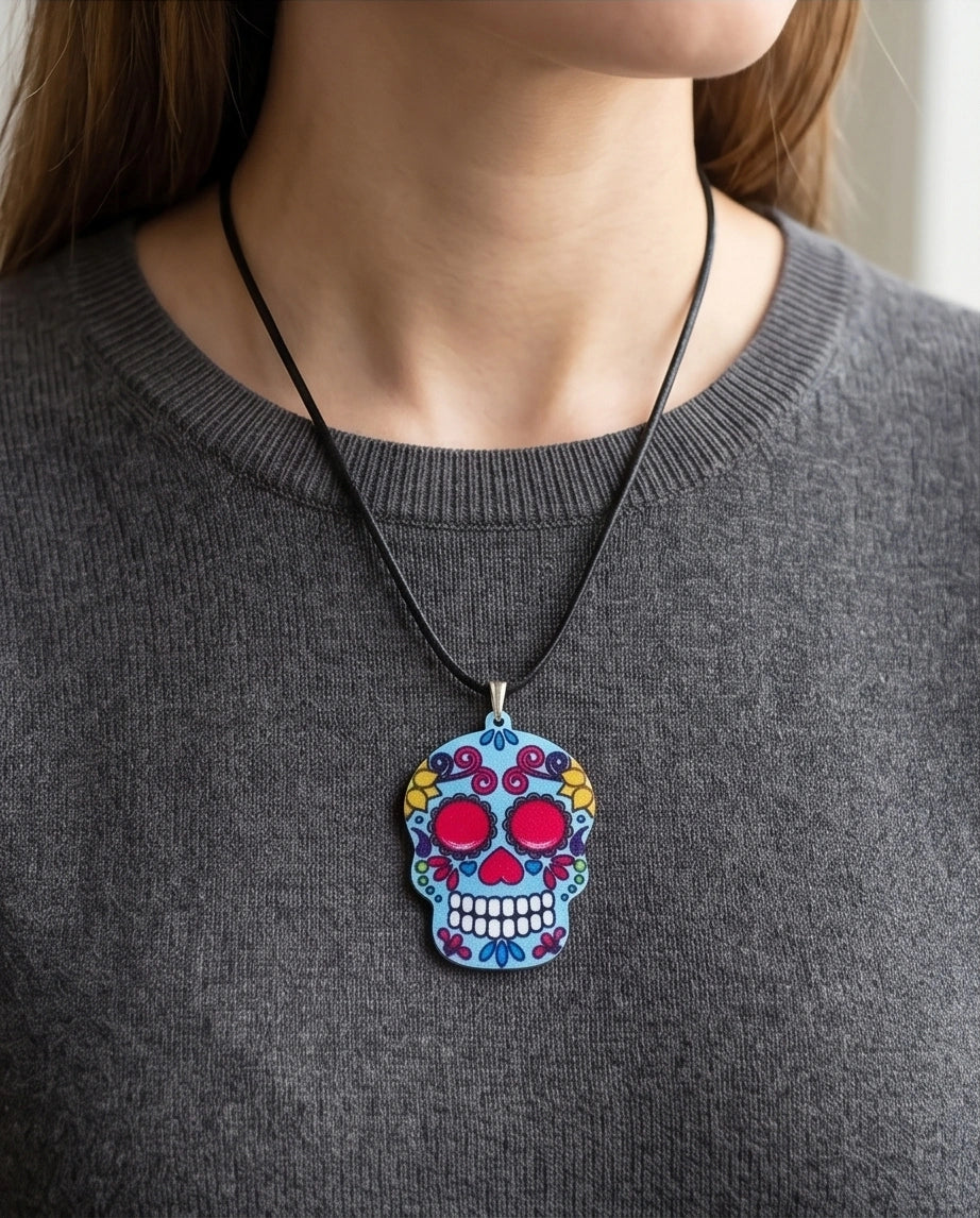 Vibrant Light Blue Sugar Skull Día de los Muertos Pendant Necklace