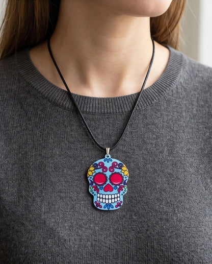 Vibrant Light Blue Sugar Skull Día de los Muertos Pendant Necklace
