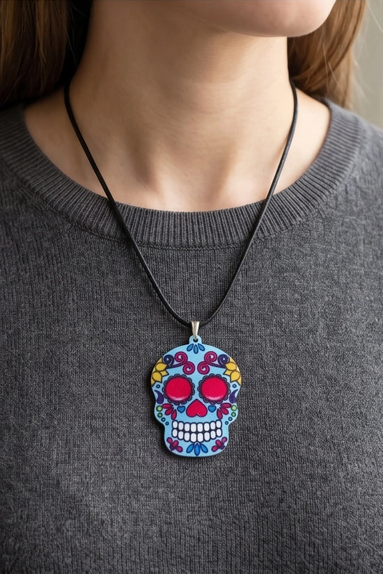 Vibrant Light Blue Sugar Skull Día de los Muertos Pendant Necklace