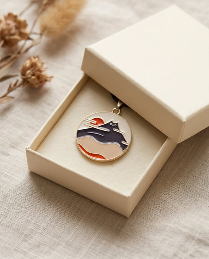 Japanese Mountain & Cat Enamel Pendant Necklace