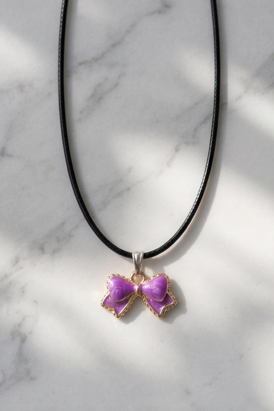 Glossy Purple Bow Enamel Pendant Necklace