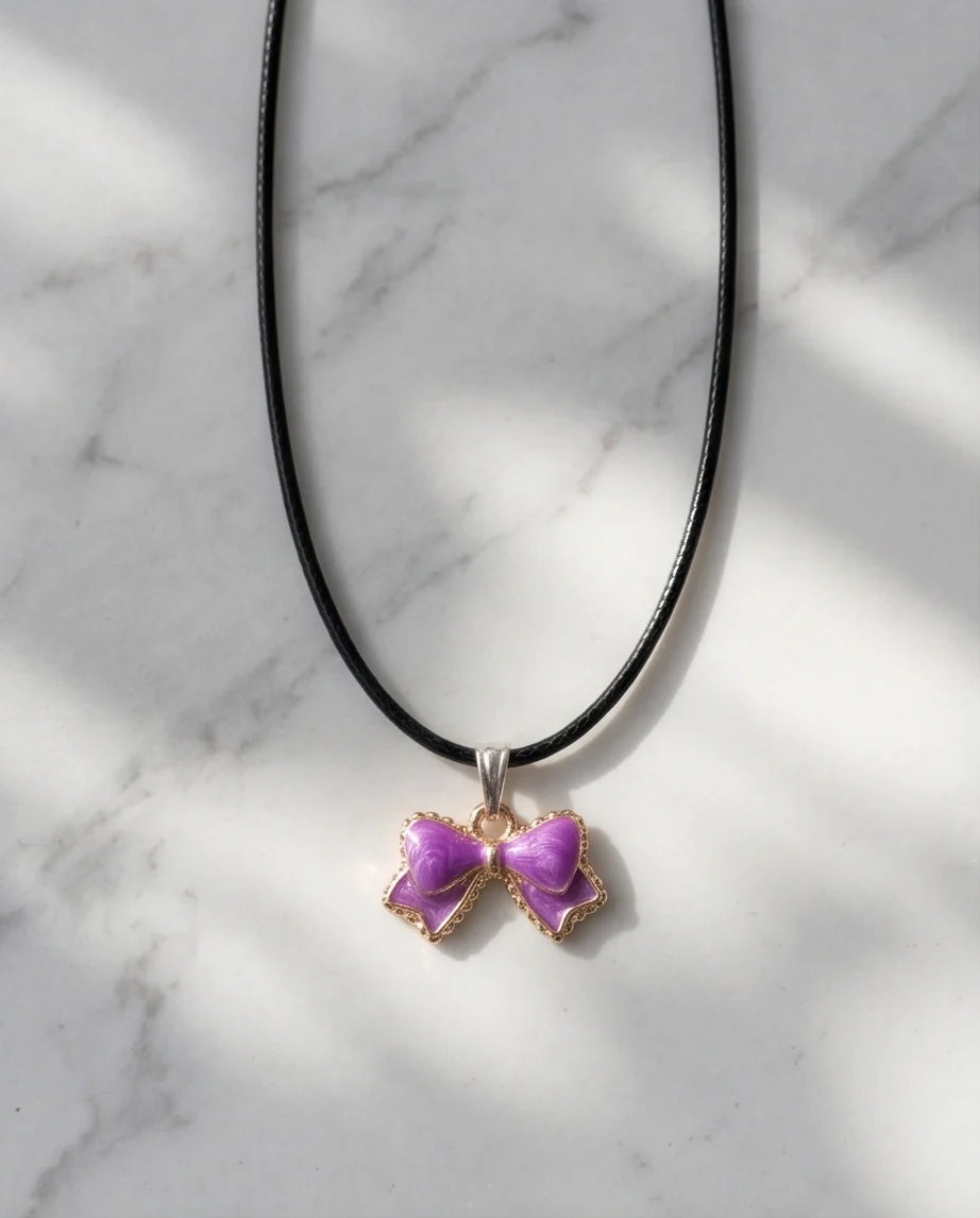 Glossy Purple Bow Enamel Pendant Necklace