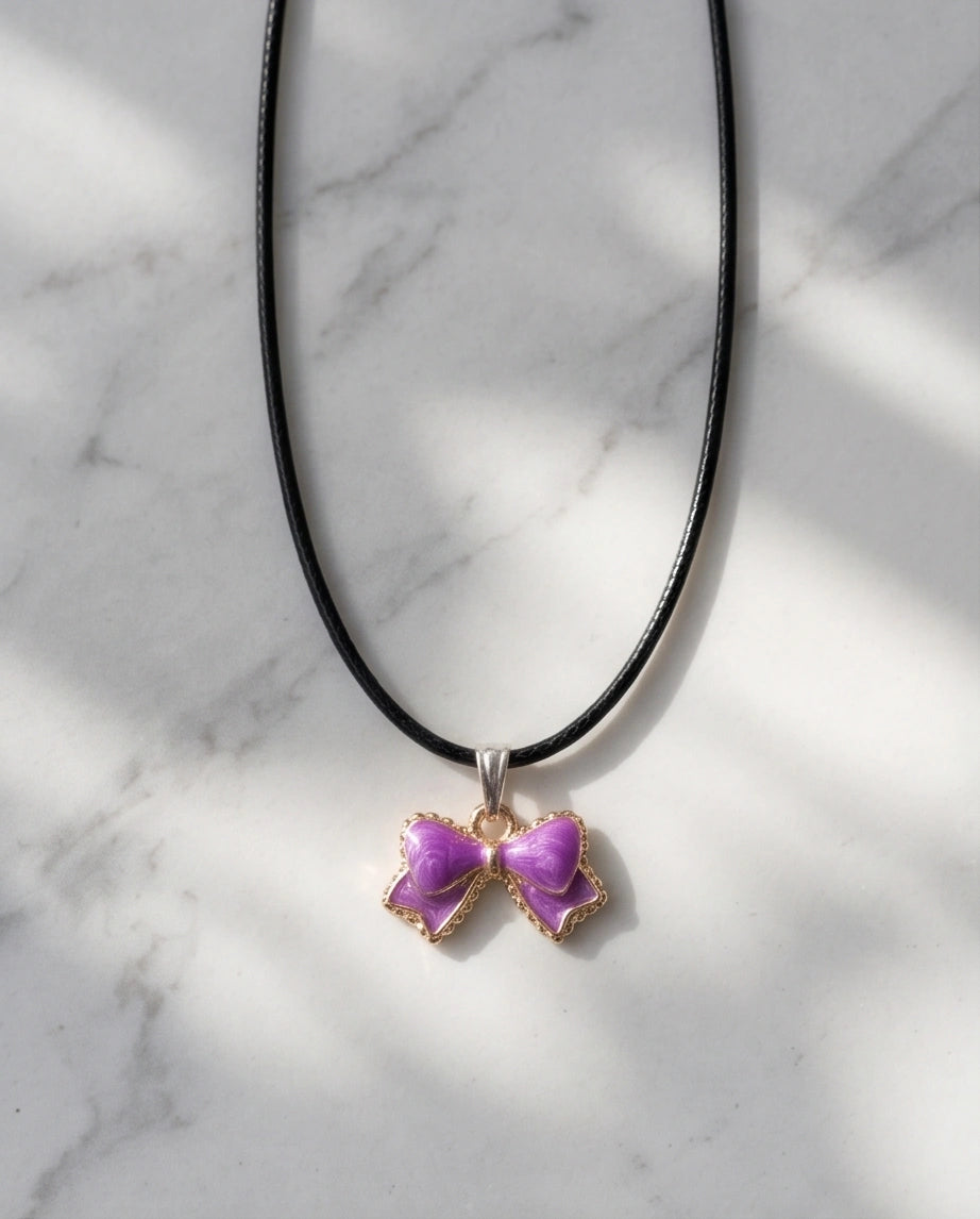 Glossy Purple Bow Enamel Pendant Necklace