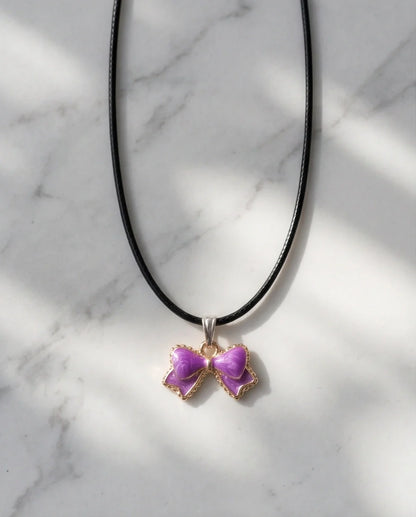 Glossy Purple Bow Enamel Pendant Necklace