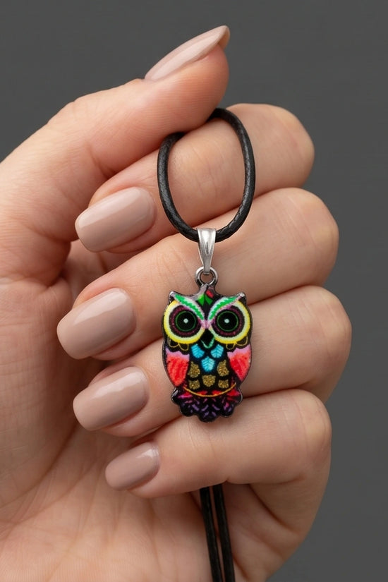 Artistic Multi-Color Mosaic Owl Totem Pendant Necklace