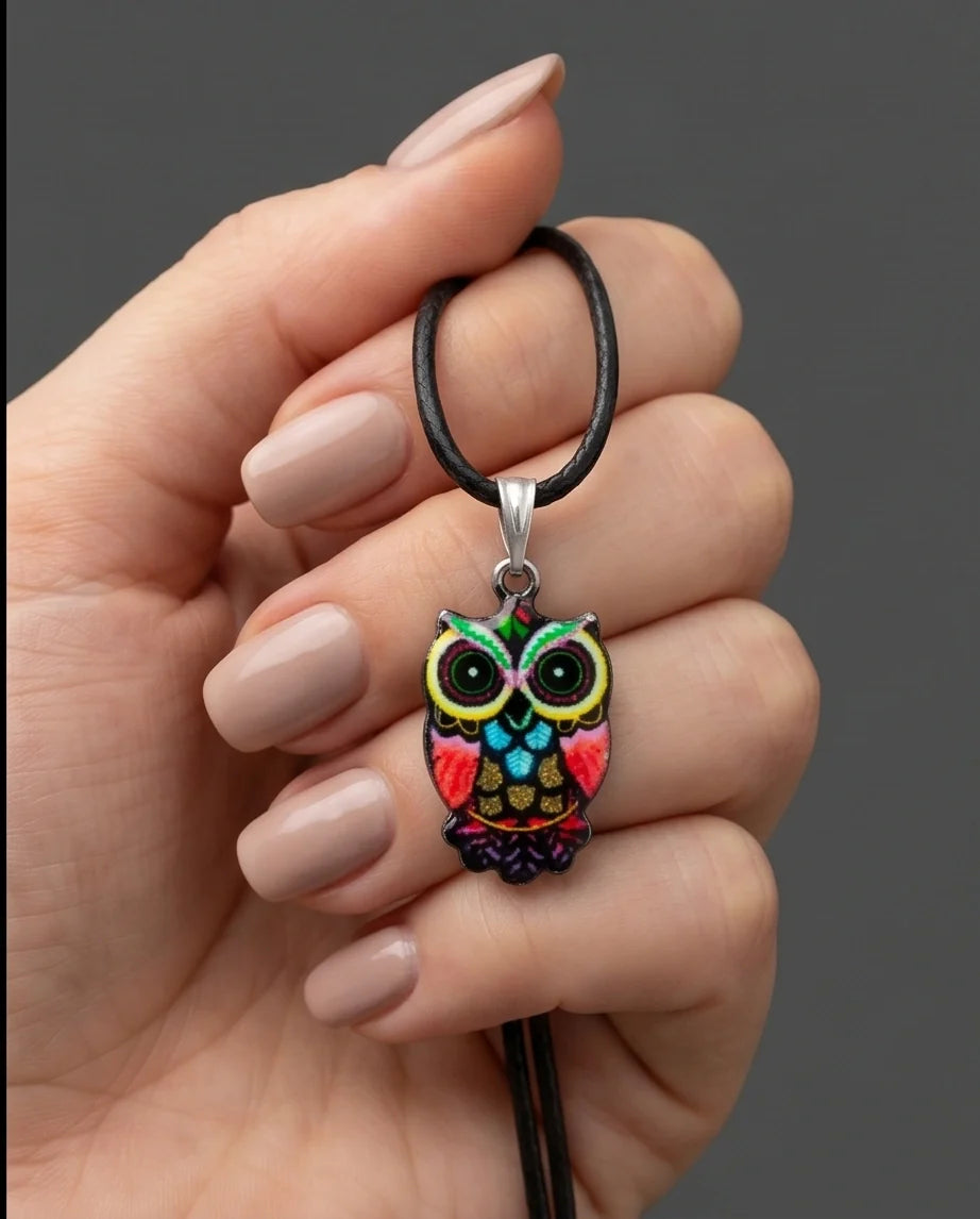 Artistic Multi-Color Mosaic Owl Totem Pendant Necklace