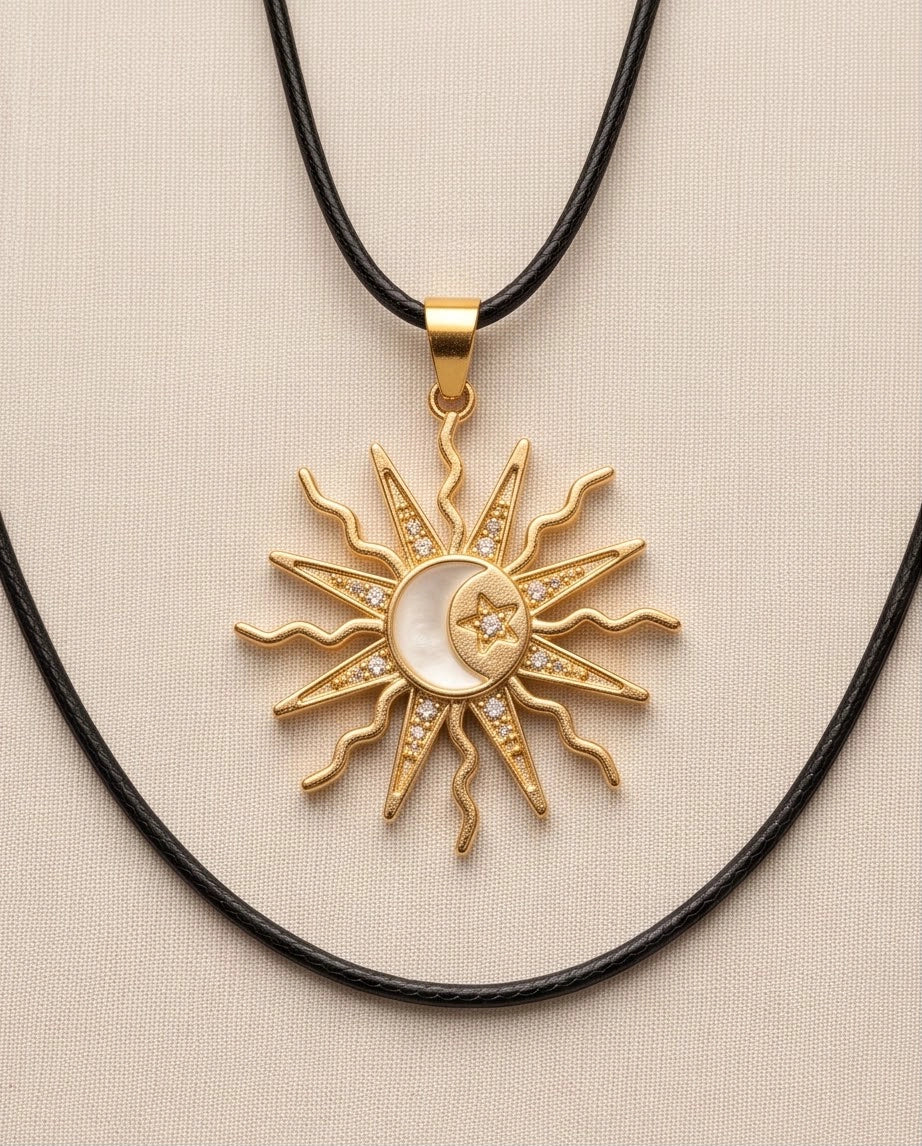 Gold Celestial Sun Moon Star Pendant Necklace