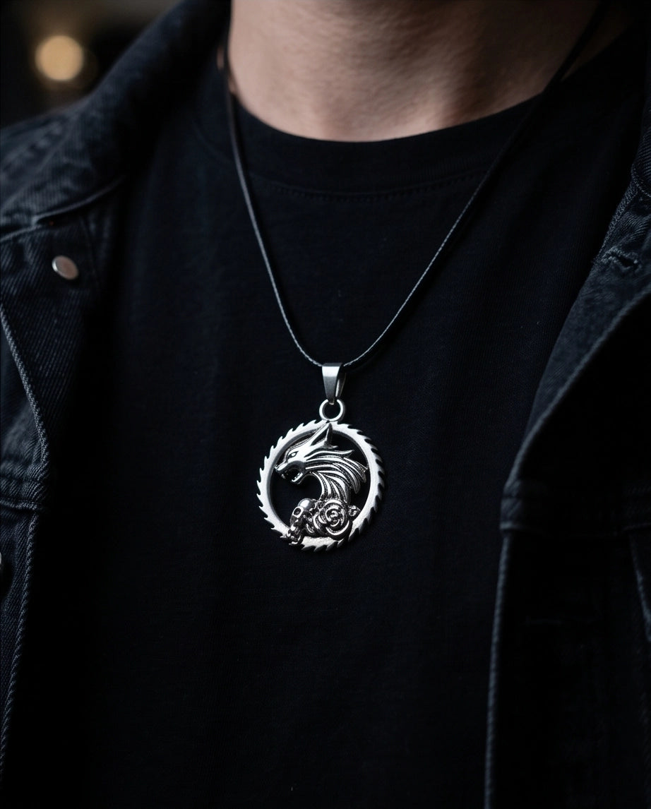 Silver Wolf and Skull Medallion Cord Necklace