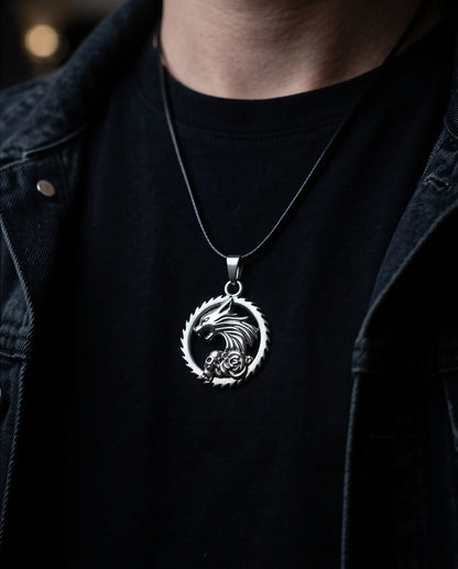 Silver Wolf and Skull Medallion Cord Necklace
