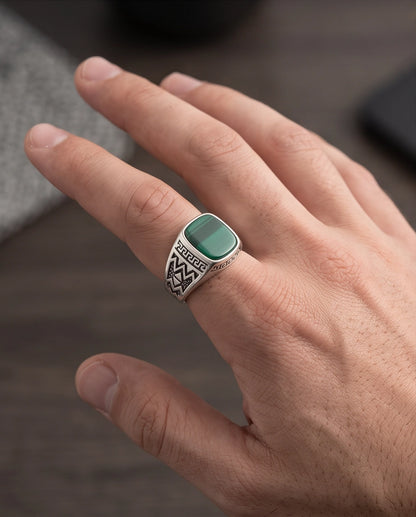 Green Agate Cushion Cabochon Greek Key Zigzag Silver Ring
