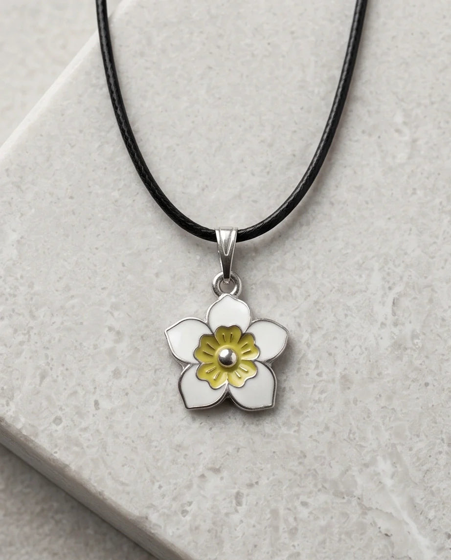 Charming White and Yellow Floral Enamel Pendant Necklace