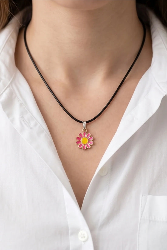 Pink Daisy Flower Enamel Pendant Choker Necklace