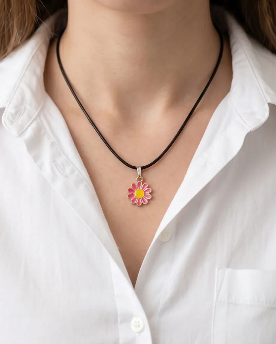 Pink Daisy Flower Enamel Pendant Choker Necklace