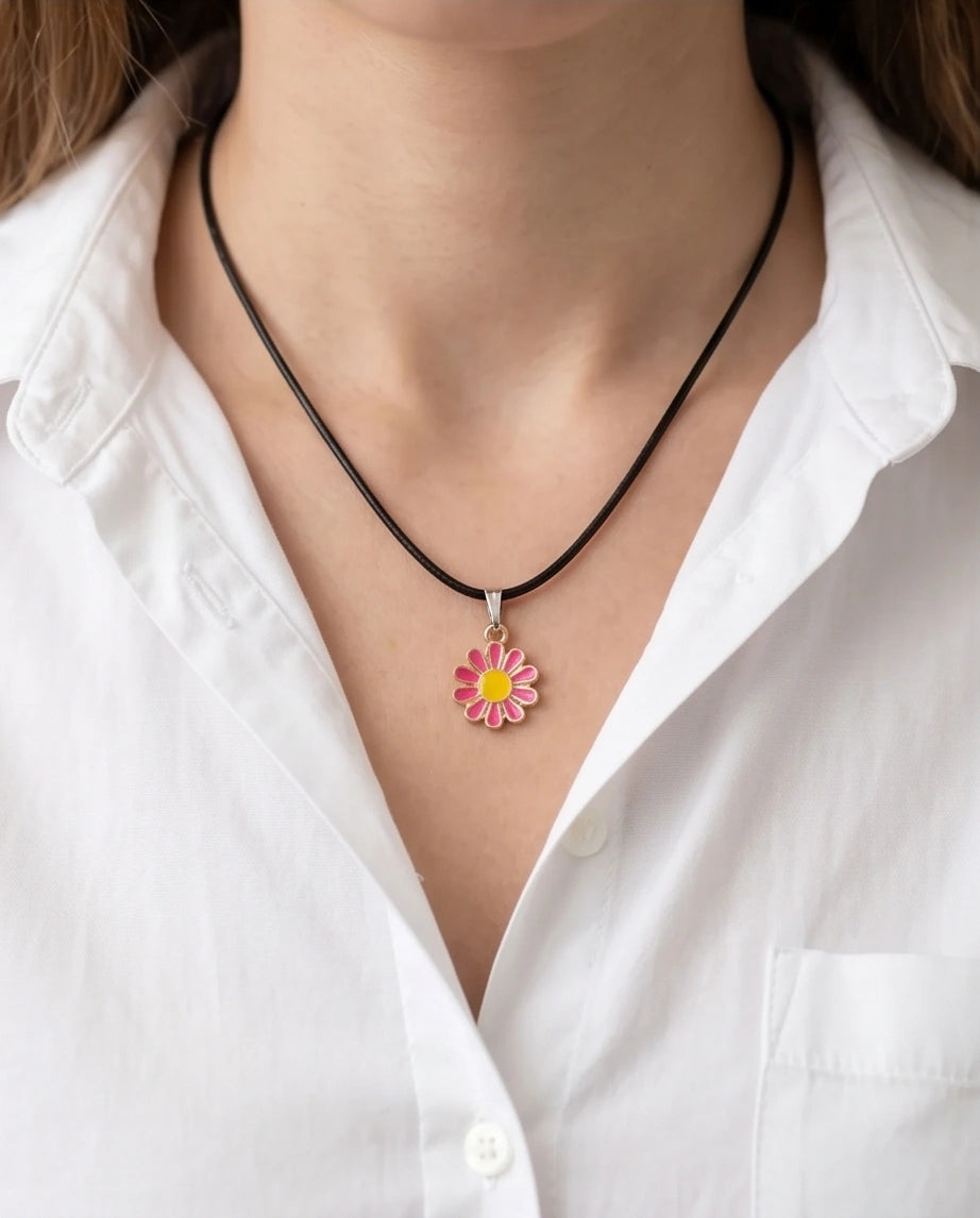 Pink Daisy Flower Enamel Pendant Choker Necklace