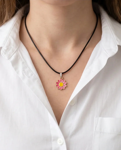 Pink Daisy Flower Enamel Pendant Choker Necklace