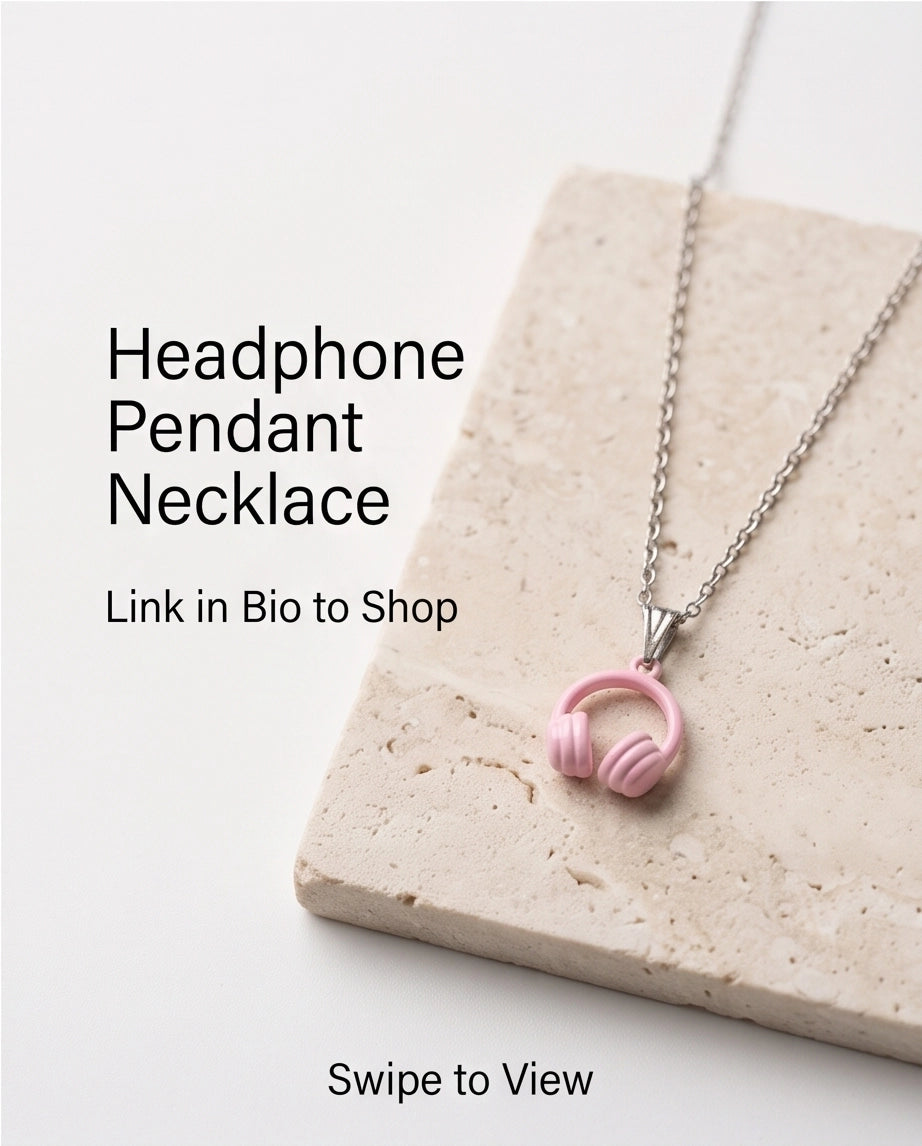 Pastel Pink Headphones Enamel Pendant Necklace
