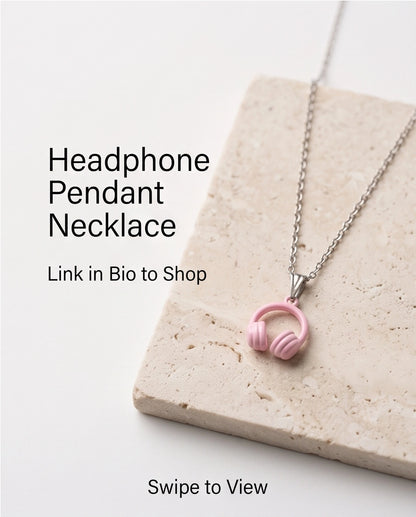 Pastel Pink Headphones Enamel Pendant Necklace