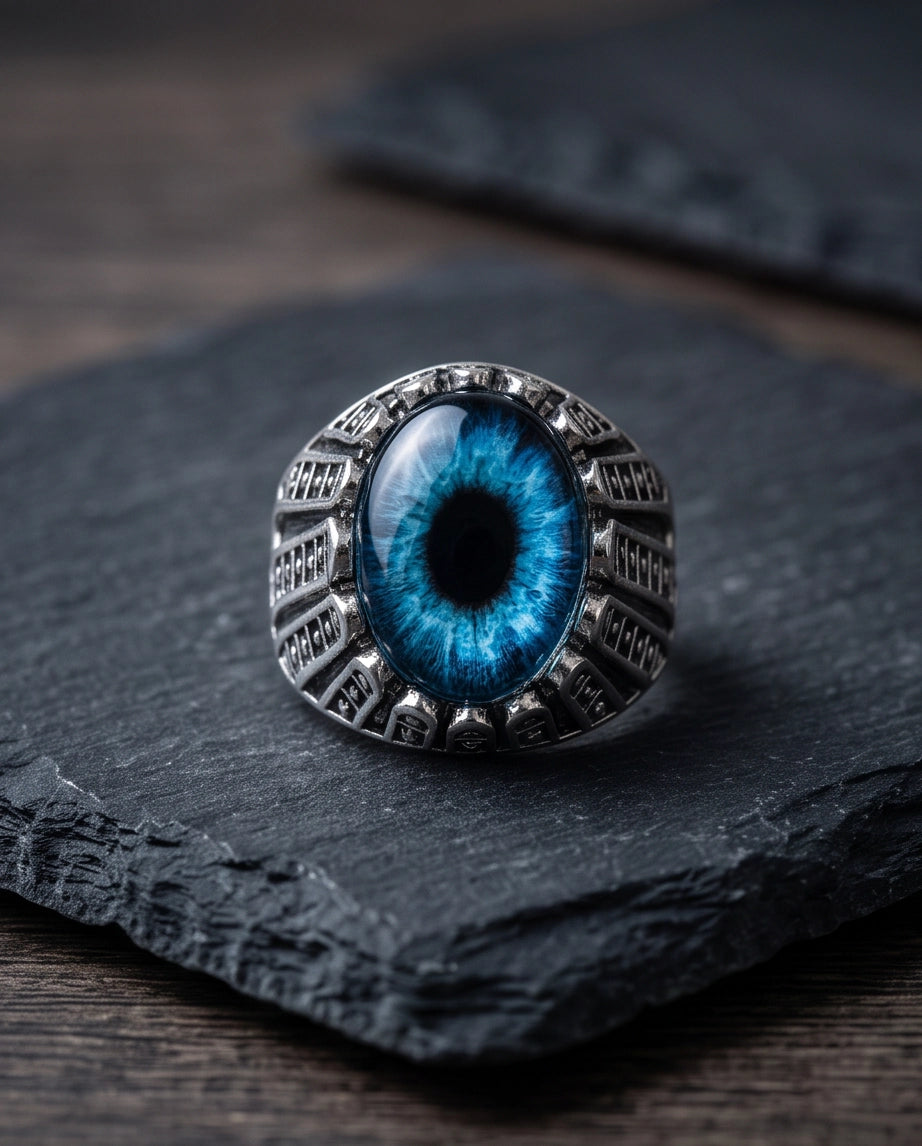 Cerulean Evil Eye Cabochon Architectural Bezel Silver Ring