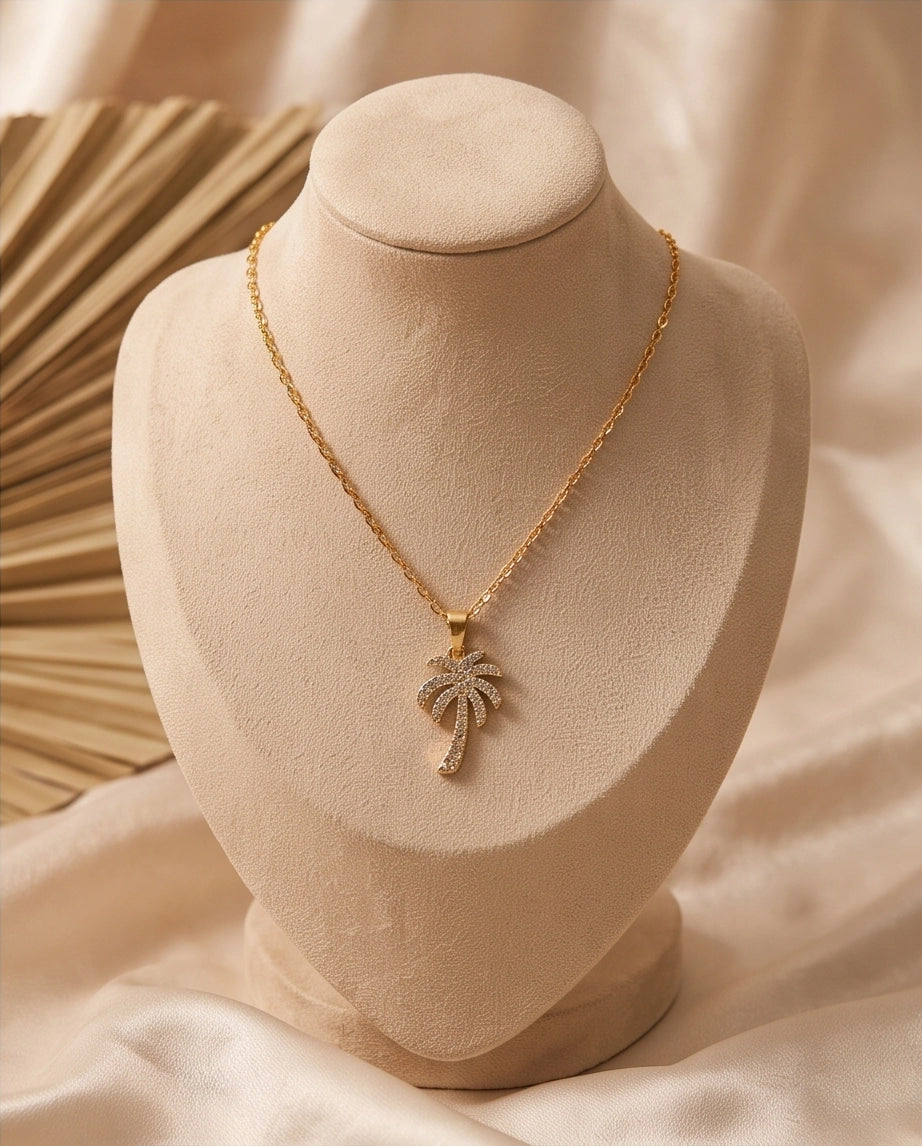 Gold Crystal Pavé Palm Tree Pendant Necklace