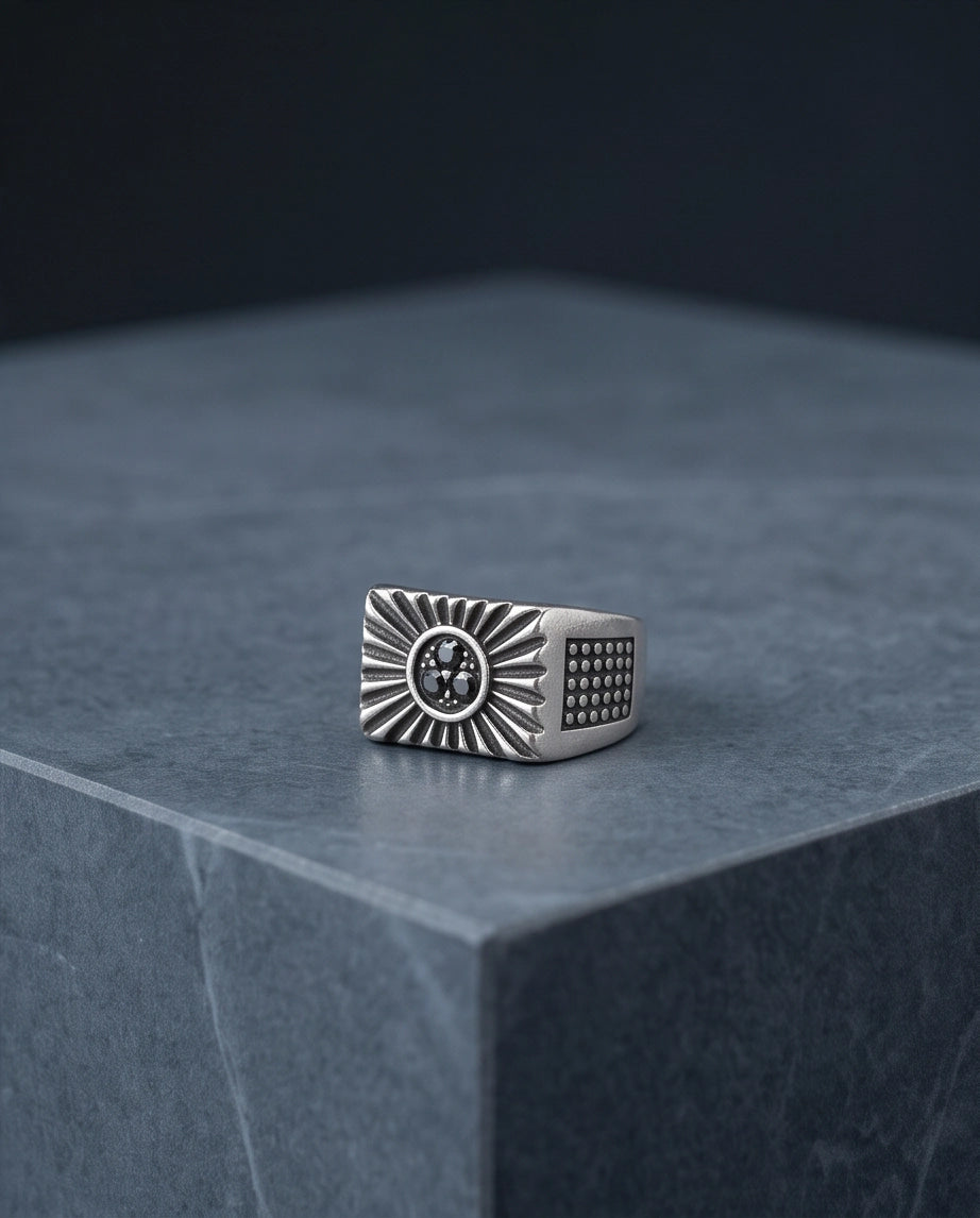 Celestial Sunburst Dark-Triple-Crystal Stippled Band Silver Ring