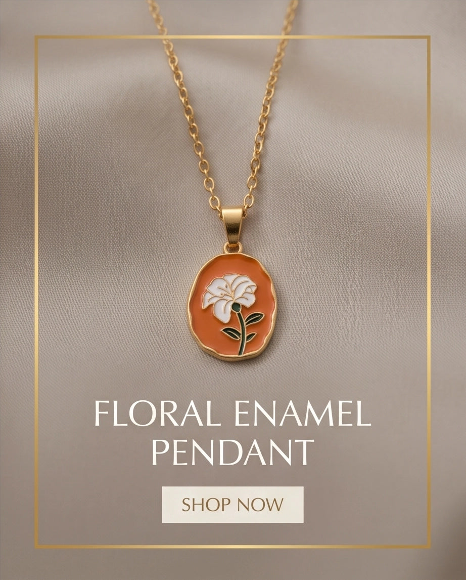 Gold Peach White Flower Enamel Medallion Chain Necklace