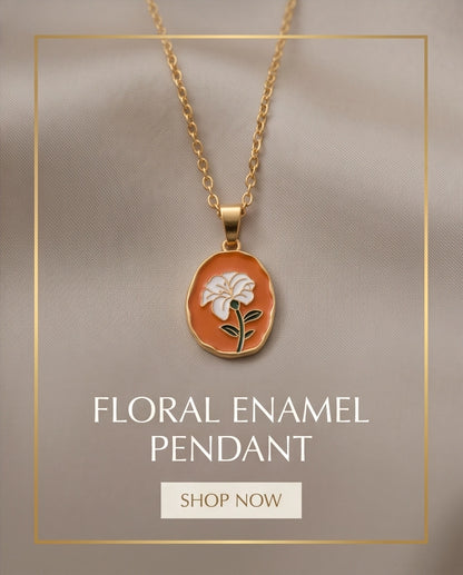 Gold Peach White Flower Enamel Medallion Chain Necklace