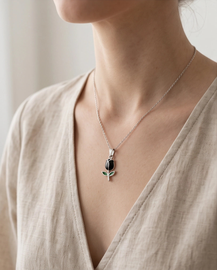 Silver Black Enamel Tulip Pendant Necklace