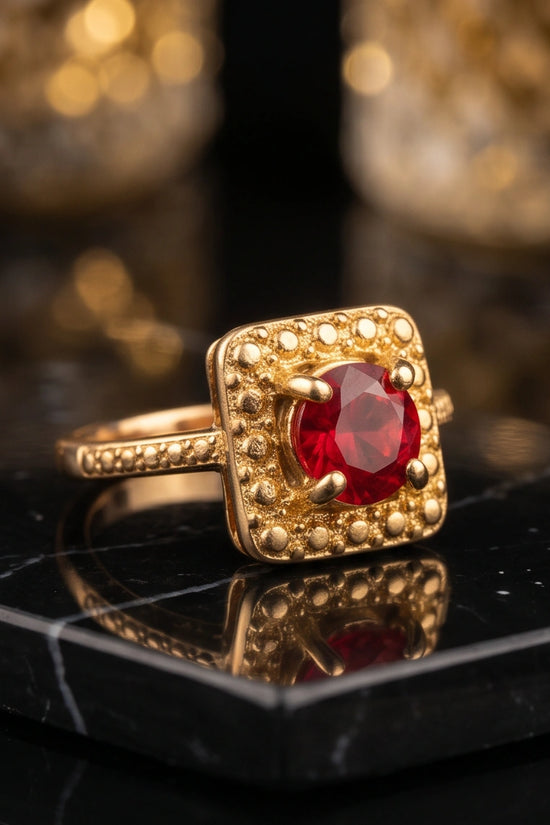Vintage Gold Ruby Square Granulation Halo Ring