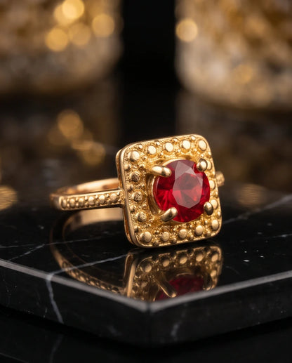 Vintage Gold Ruby Square Granulation Halo Ring