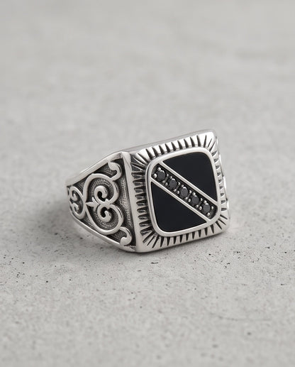 Dark-Stone Channel Inlay Filigree Scroll Silver Ring