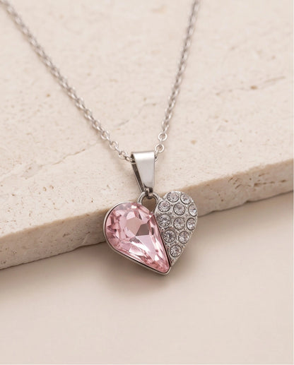 Silver Rose Pink Heart Pavé Pendant Necklace