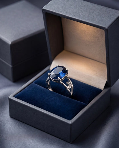 Silver Oval Sapphire Botanical Solitaire Ring