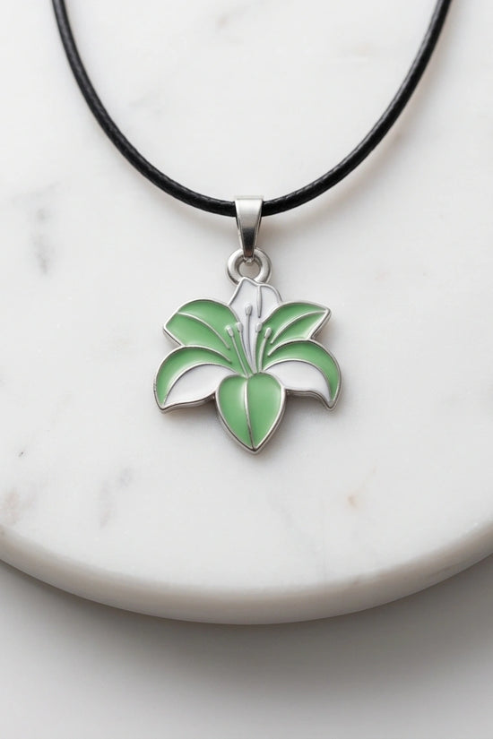Elegant Green and White Lily Enamel Pendant Necklace