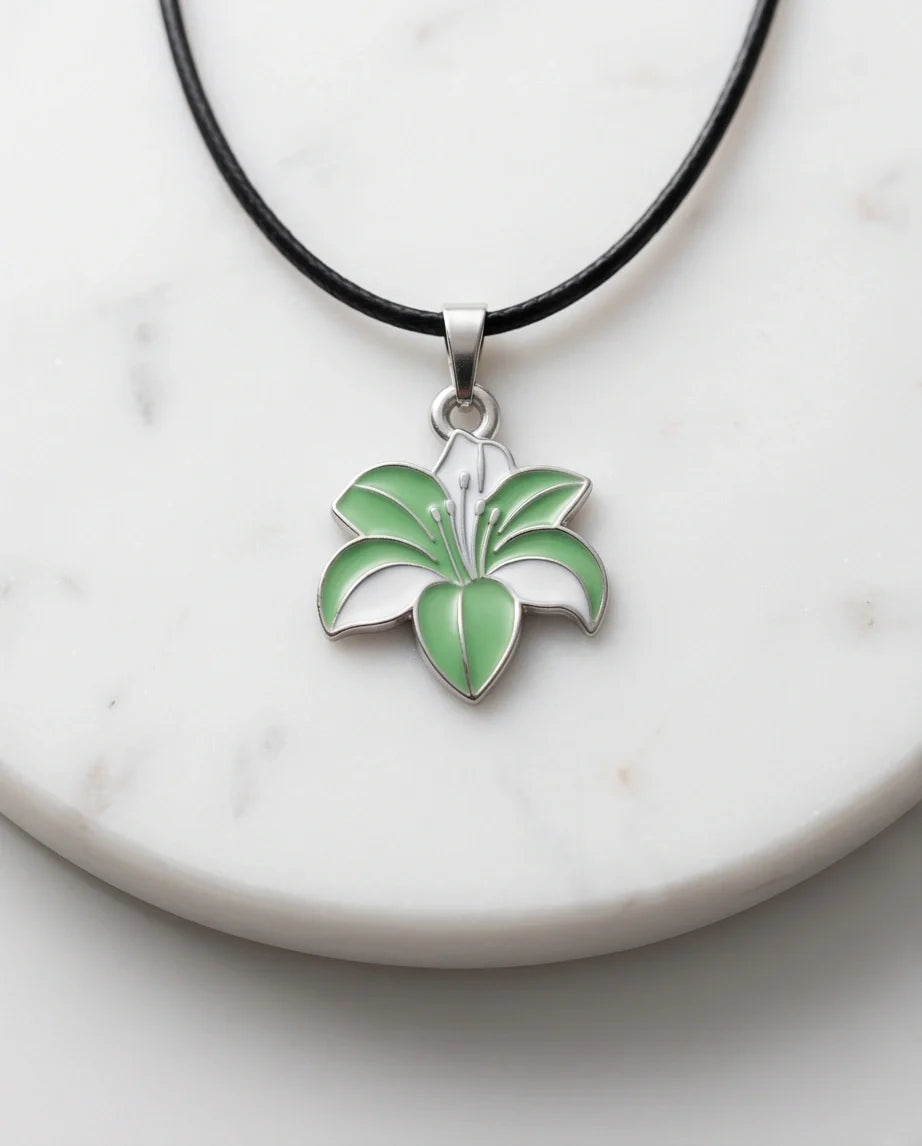 Elegant Green and White Lily Enamel Pendant Necklace