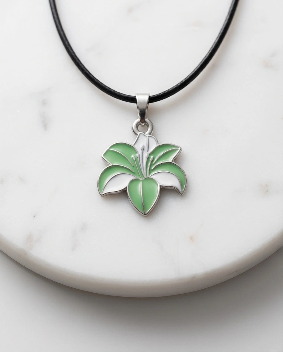 Elegant Green and White Lily Enamel Pendant Necklace