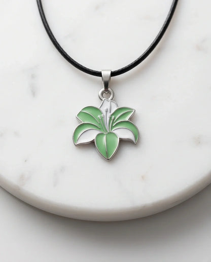 Elegant Green and White Lily Enamel Pendant Necklace