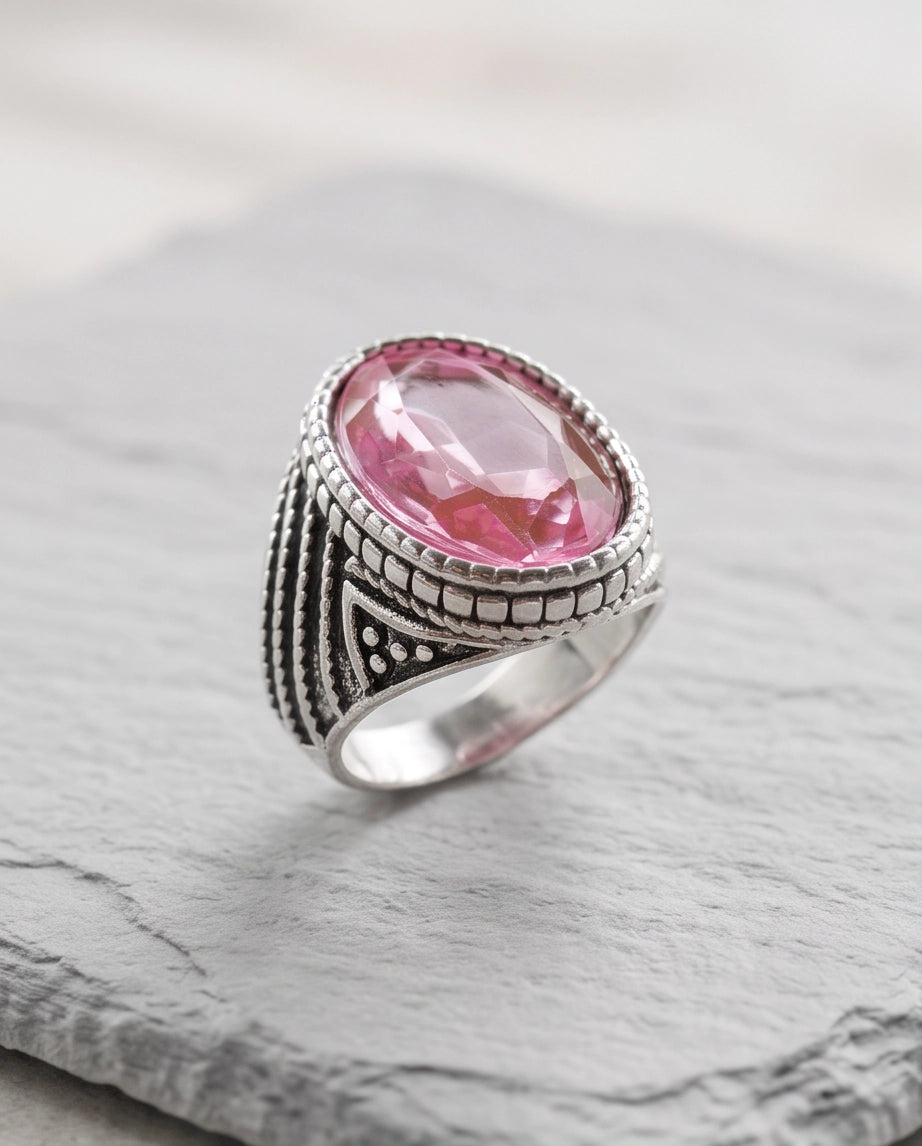 Rose Gemstone Beaded Scale Silver Ring