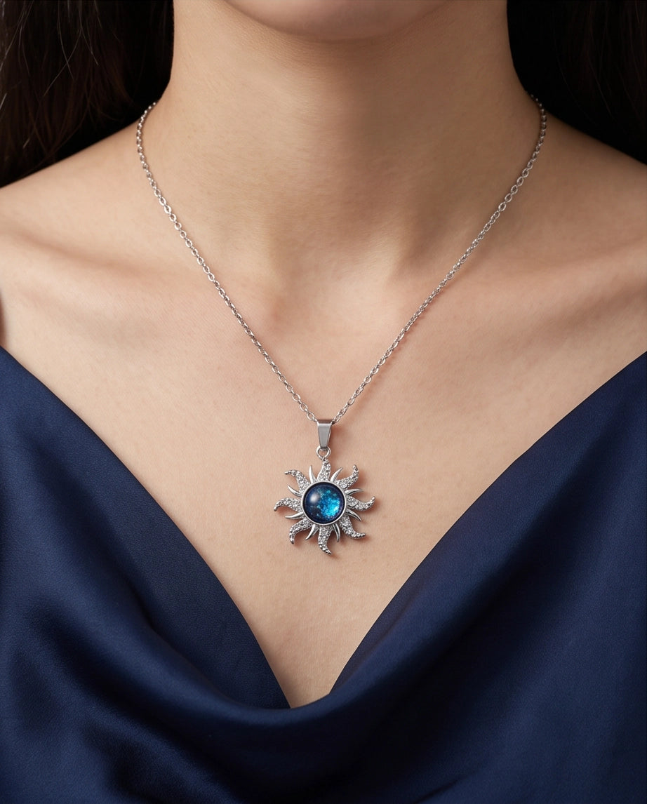 Silver Crystal Celestial Sunburst Galaxy Pendant Necklace